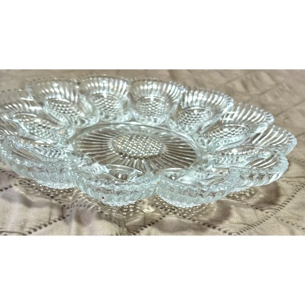 Vintage Clear Pressed Glass Deviled Egg Platter Hobnail Sunburst Serving Tray